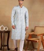 Men teal viscose rayon ethnic motifs embroidered straight kurta