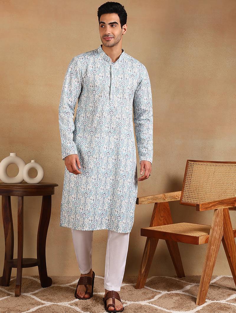 Men teal viscose rayon ethnic motifs embroidered straight kurta