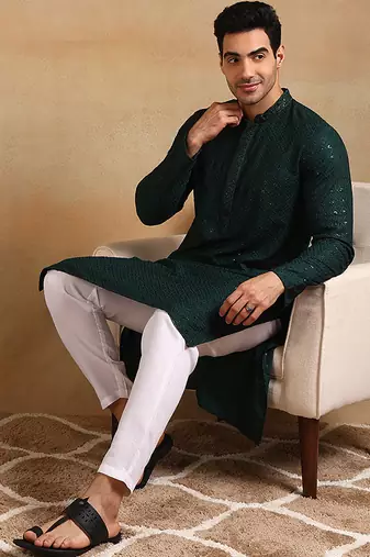 Men green viscose rayon solid embroidered straight kurta