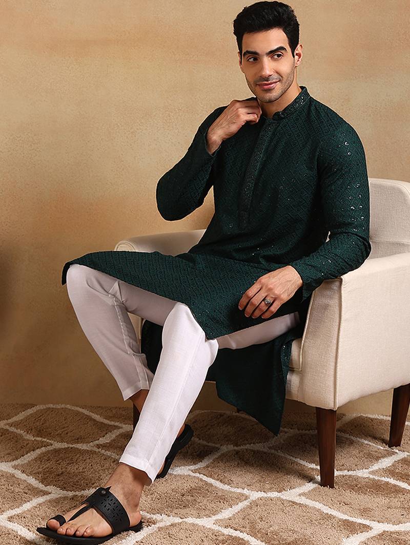 Men green viscose rayon solid embroidered straight kurta