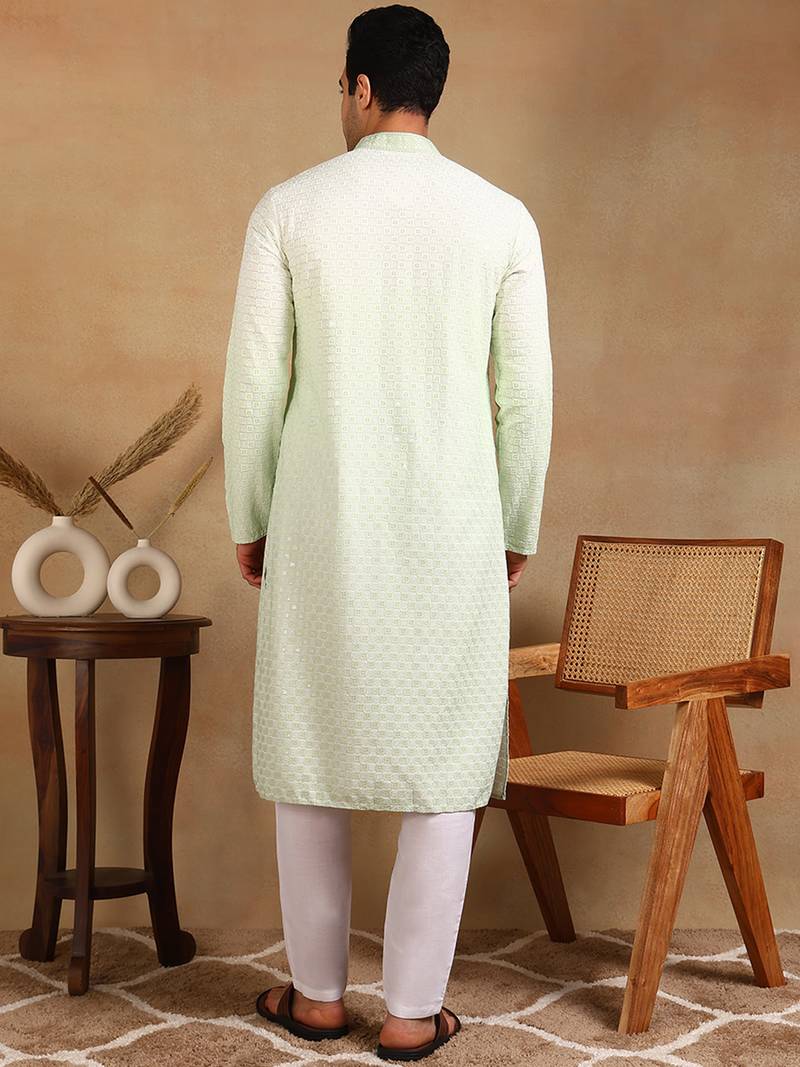 Men green viscose rayon solid embroidered straight kurta