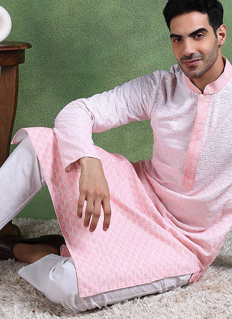 Men peach viscose rayon solid embroidered straight kurta