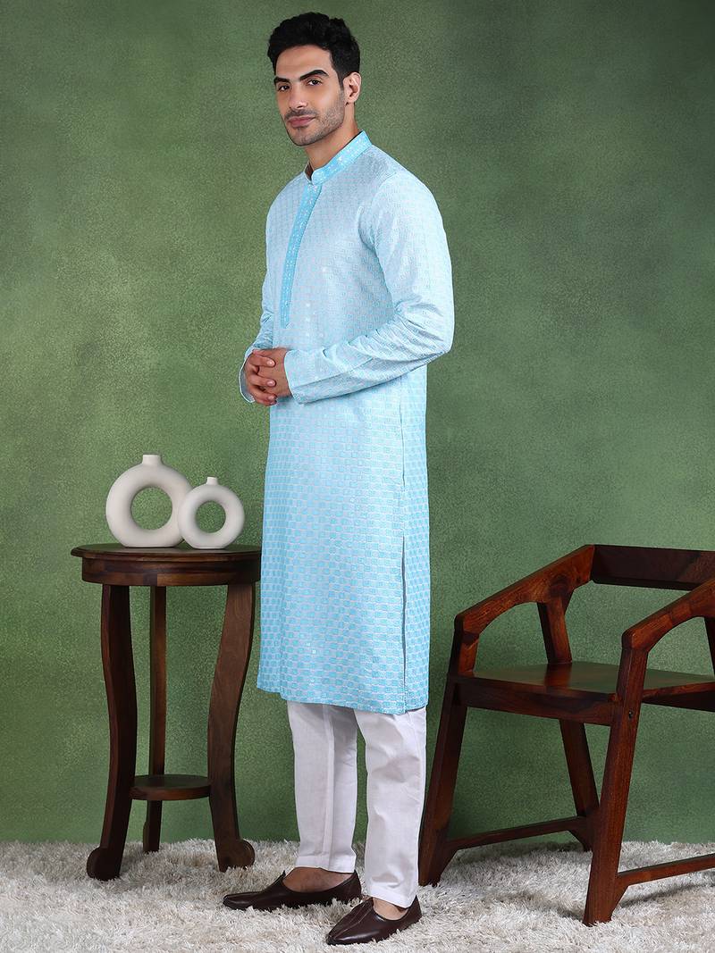 Men turquoise blue viscose rayon solid embroidered straight kurta