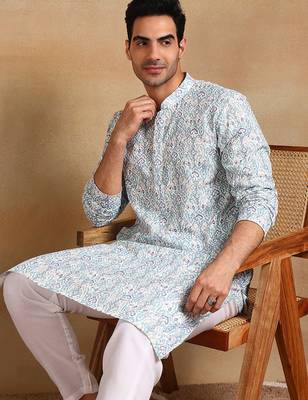 Men teal viscose rayon ethnic motifs embroidered straight kurta 2