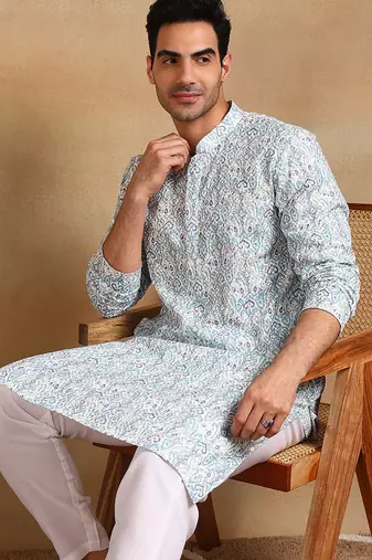 Men teal viscose rayon ethnic motifs embroidered straight kurta
