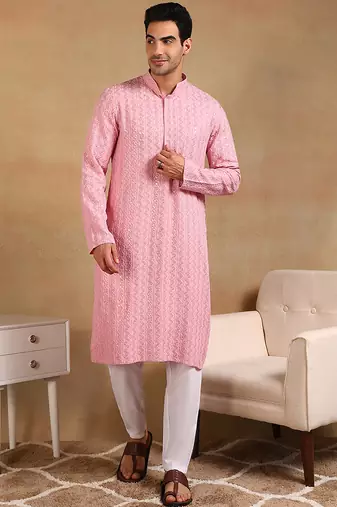 Men pink viscose rayon solid embroidered straight kurta