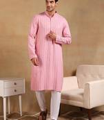 Men pink viscose rayon solid embroidered straight kurta