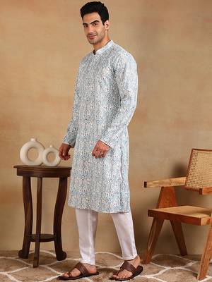 Men teal viscose rayon ethnic motifs embroidered straight kurta 3