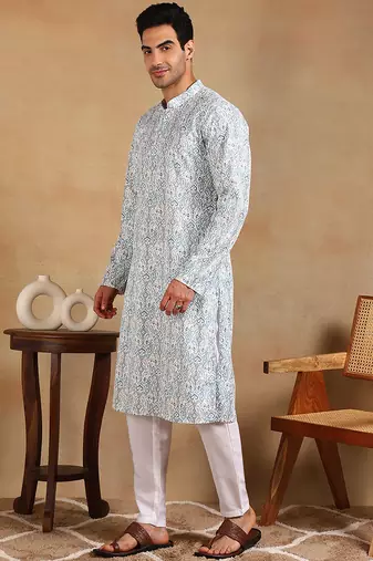 Men teal viscose rayon ethnic motifs embroidered straight kurta