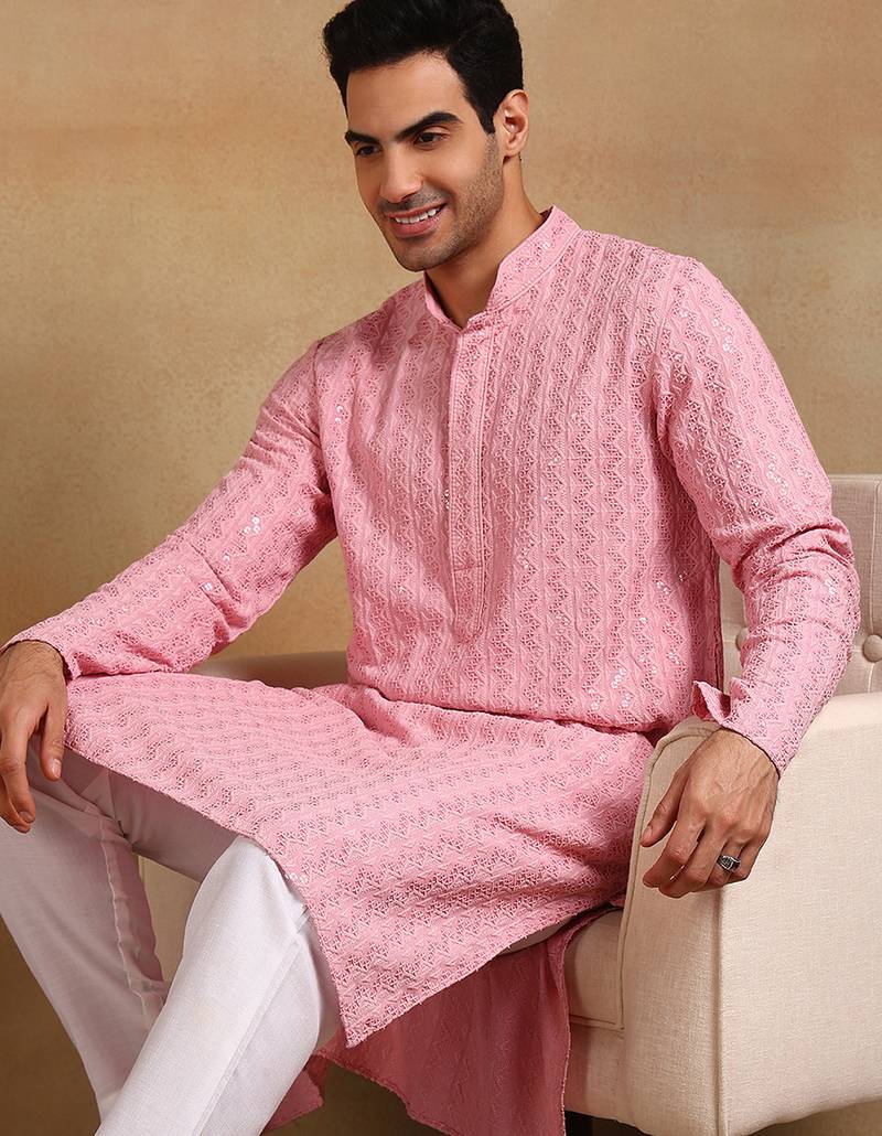 Men pink viscose rayon solid embroidered straight kurta