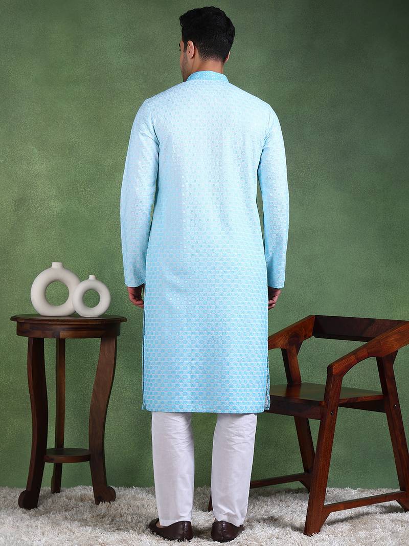 Men turquoise blue viscose rayon solid embroidered straight kurta