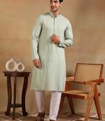 Men green viscose rayon solid embroidered straight kurta