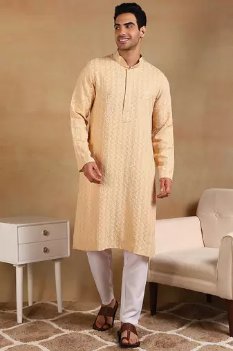 Men beige viscose rayon solid embroidered straight kurta