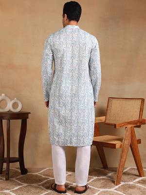 Men teal viscose rayon ethnic motifs embroidered straight kurta 4