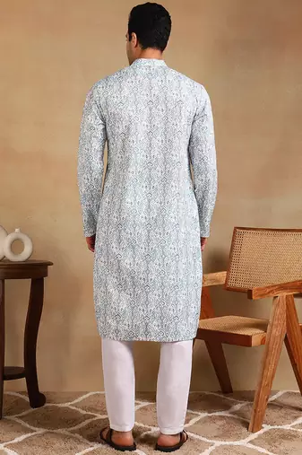 Men teal viscose rayon ethnic motifs embroidered straight kurta