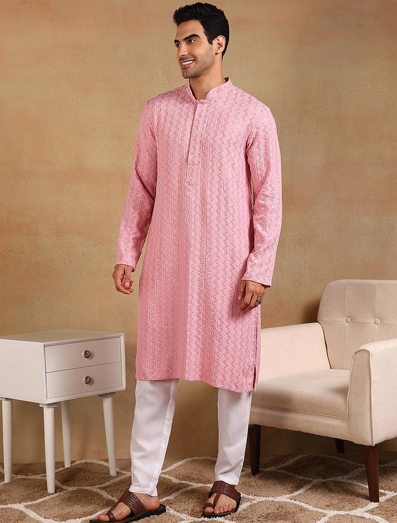 Men pink viscose rayon solid embroidered straight kurta