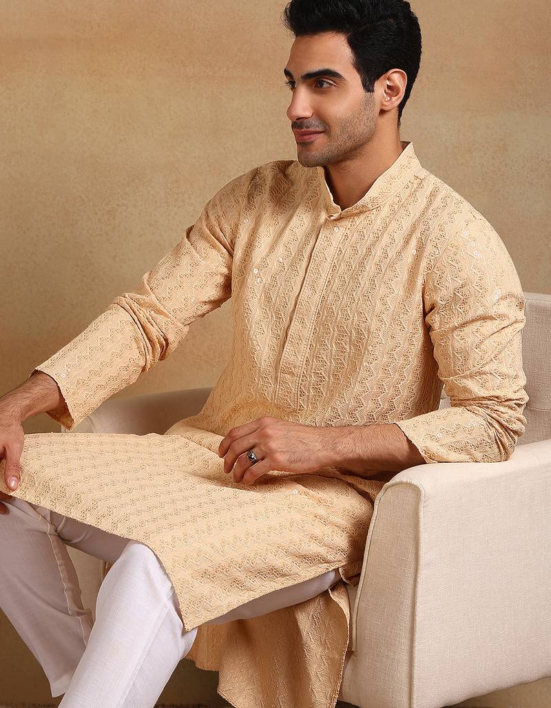 Men beige viscose rayon solid embroidered straight kurta