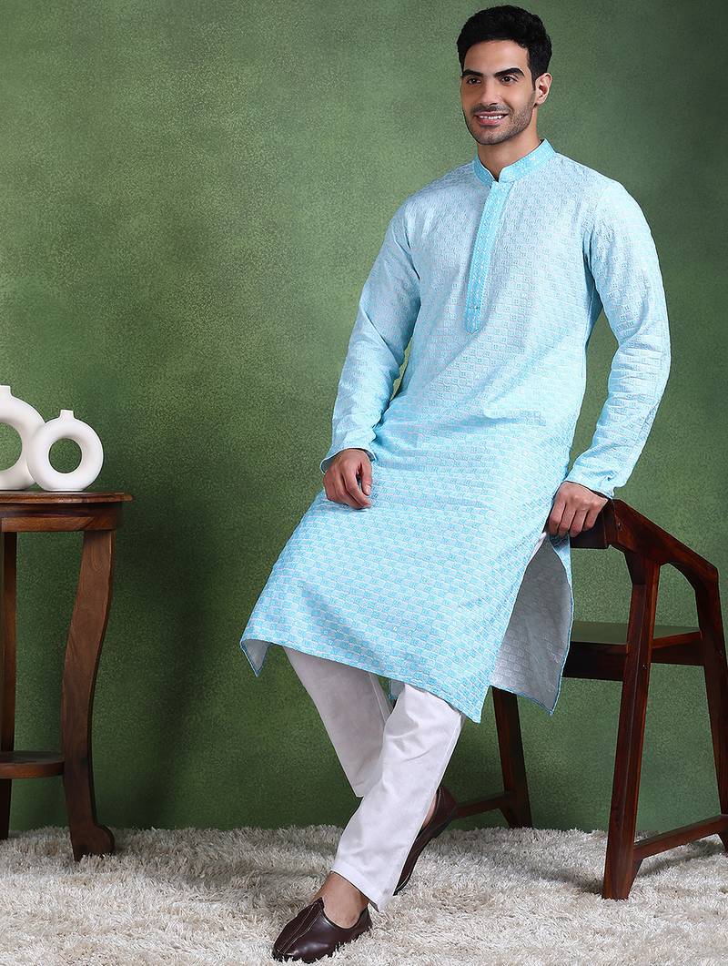 Men turquoise blue viscose rayon solid embroidered straight kurta