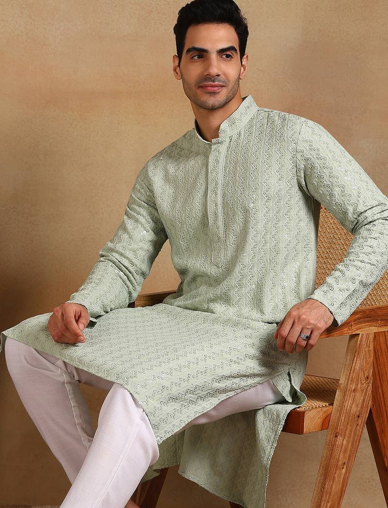 Men green viscose rayon solid embroidered straight kurta