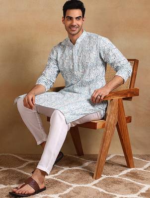 Men teal viscose rayon ethnic motifs embroidered straight kurta 5