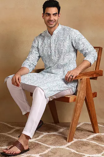 Men teal viscose rayon ethnic motifs embroidered straight kurta