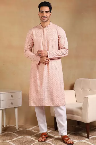 Men peach viscose rayon solid embroidered straight kurta