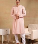 Men peach viscose rayon solid embroidered straight kurta
