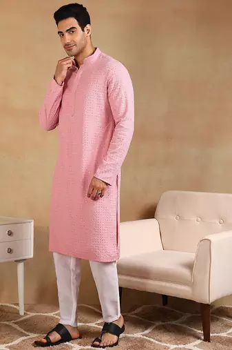 Men pink viscose rayon solid embroidered straight kurta