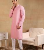 Men pink viscose rayon solid embroidered straight kurta