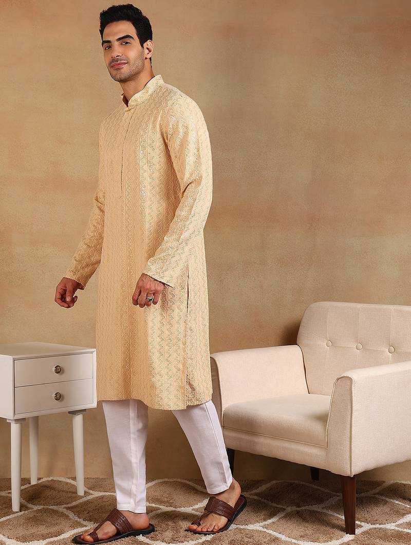 Men beige viscose rayon solid embroidered straight kurta