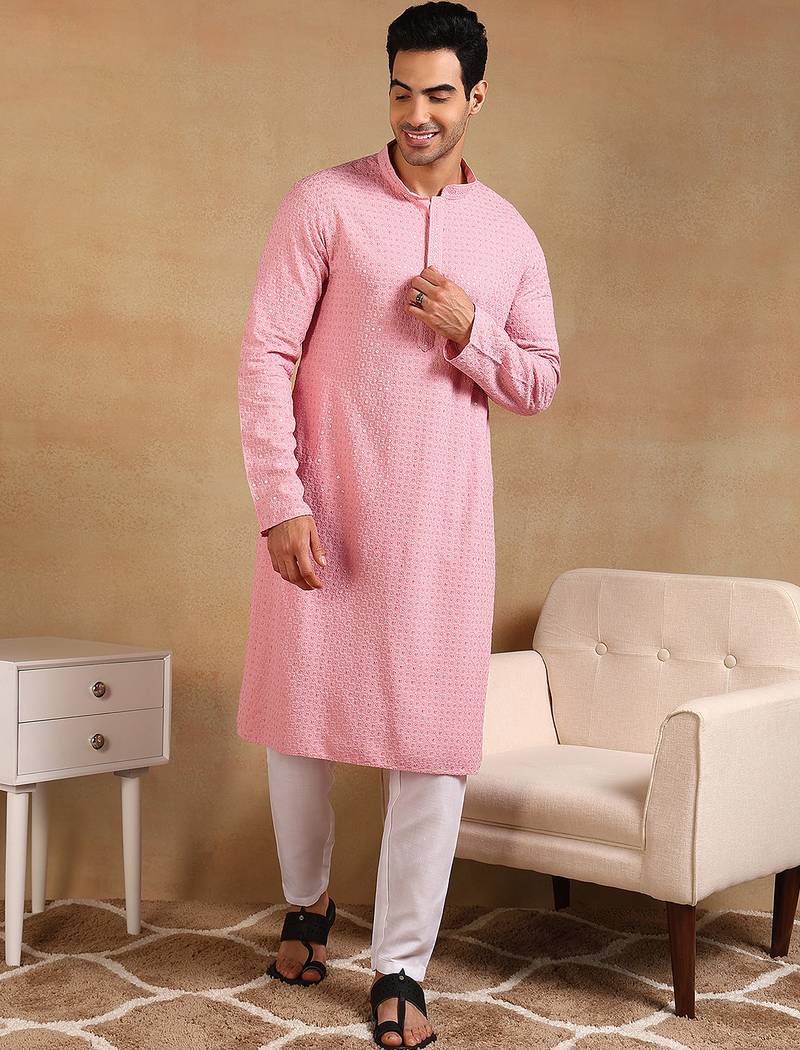 Men pink viscose rayon solid embroidered straight kurta