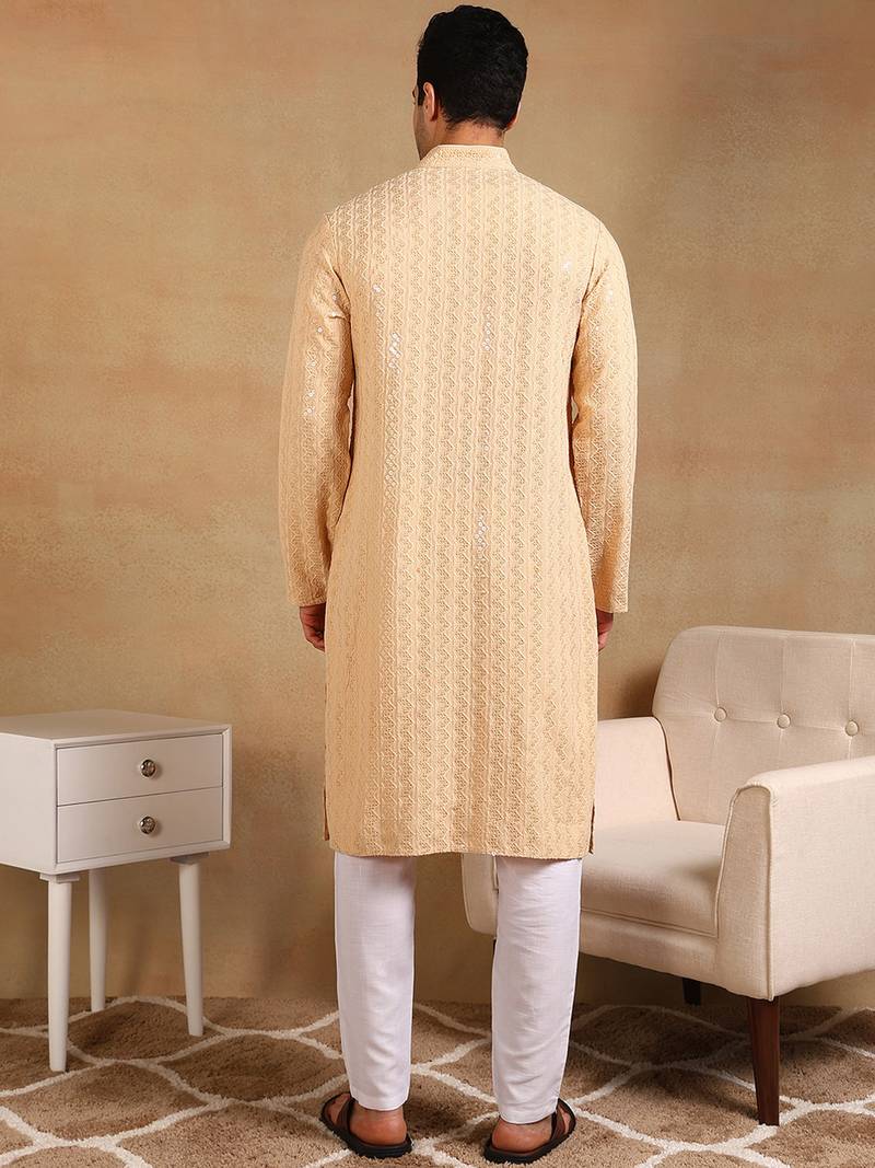 Men beige viscose rayon solid embroidered straight kurta