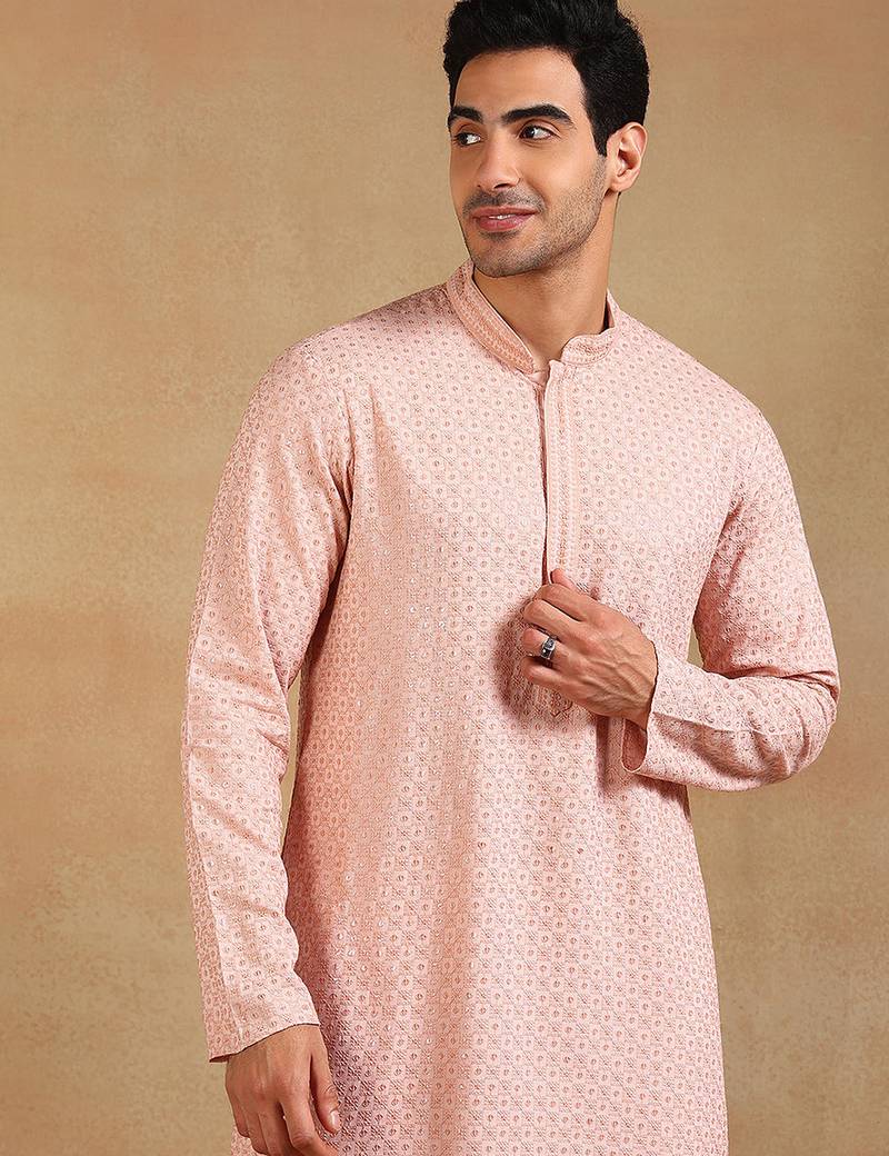 Men peach viscose rayon solid embroidered straight kurta