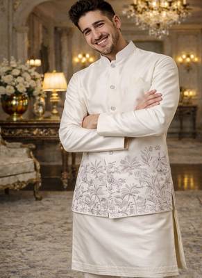 off white silk blend kurta koti set with floral embroidery 3