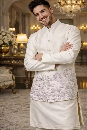 off white silk blend kurta koti set with floral embroidery