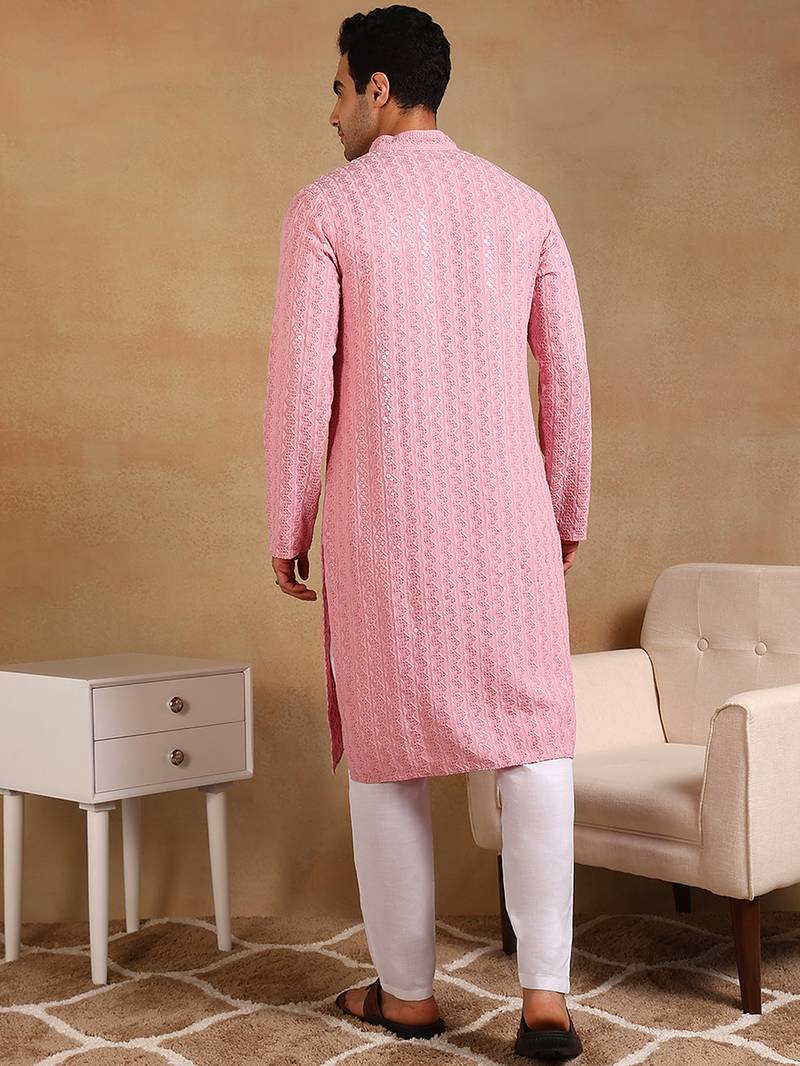 Men pink viscose rayon solid embroidered straight kurta