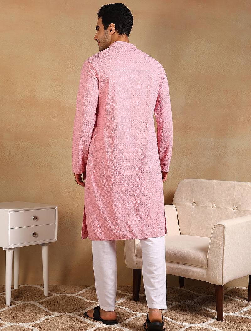 Men pink viscose rayon solid embroidered straight kurta