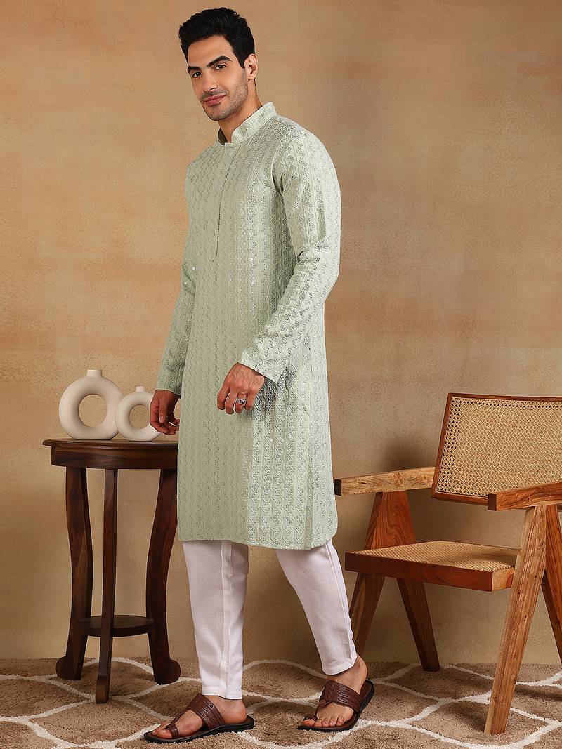 Men green viscose rayon solid embroidered straight kurta