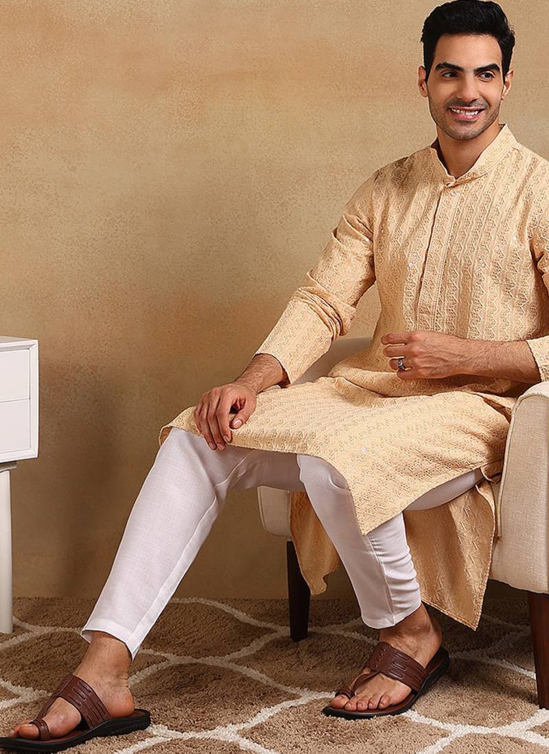 Men beige viscose rayon solid embroidered straight kurta