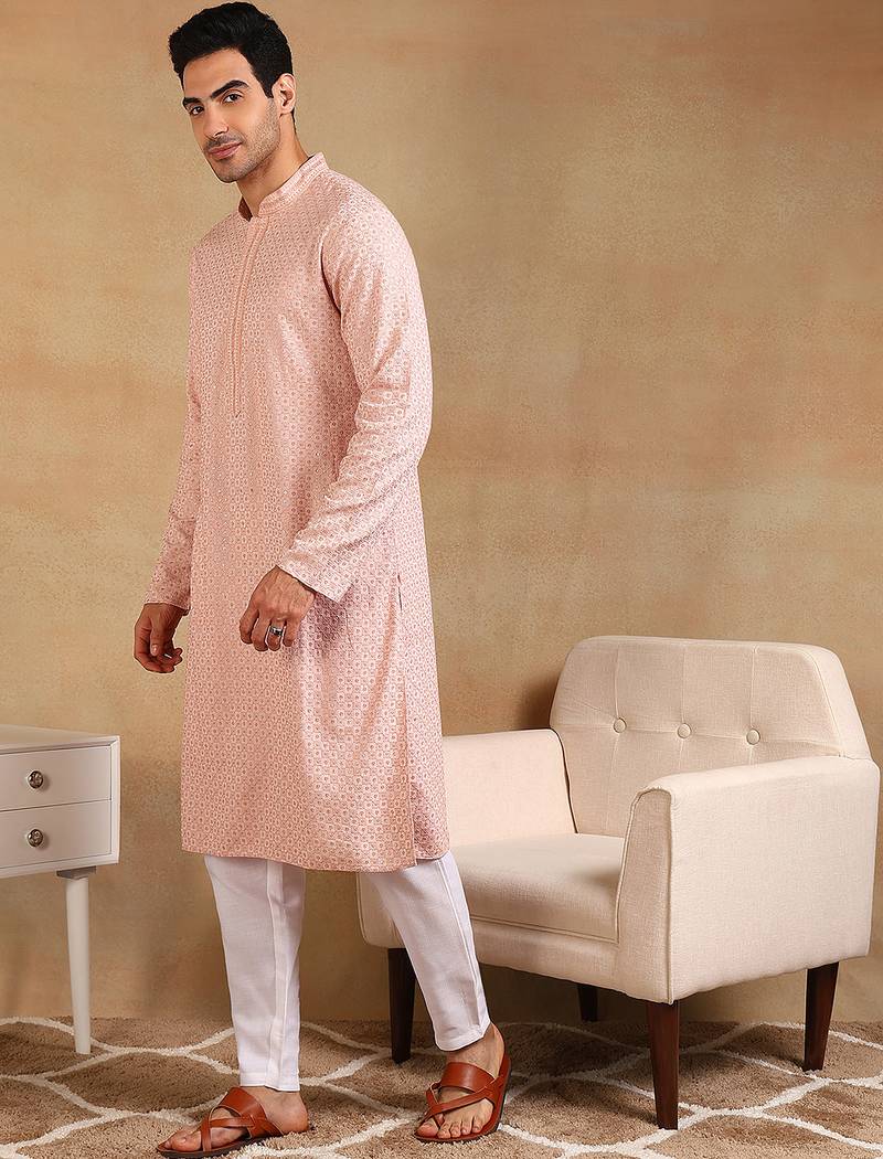 Men peach viscose rayon solid embroidered straight kurta