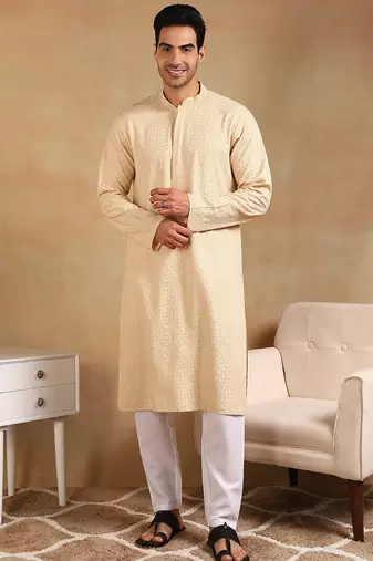 Men nude viscose rayon solid embroidered straight kurta