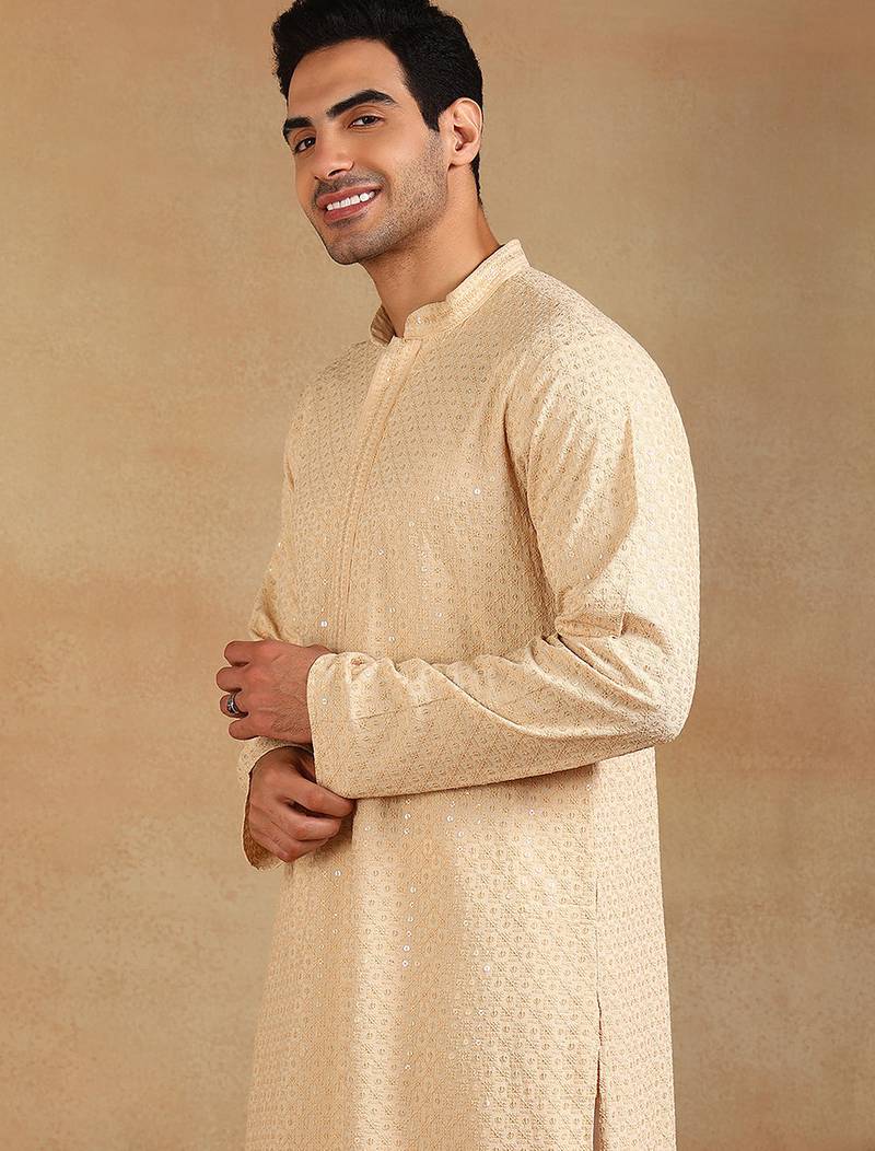 Men nude viscose rayon solid embroidered straight kurta