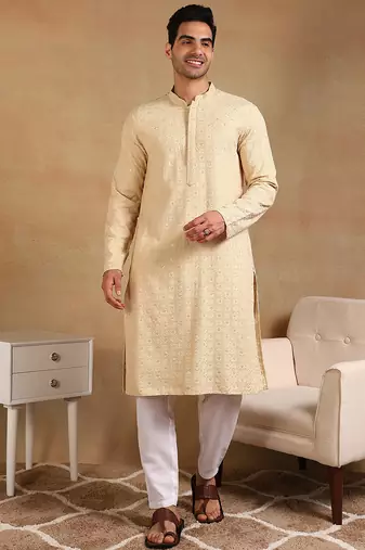 Men yellow viscose rayon solid embroidered straight kurta