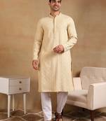 Men yellow viscose rayon solid embroidered straight kurta
