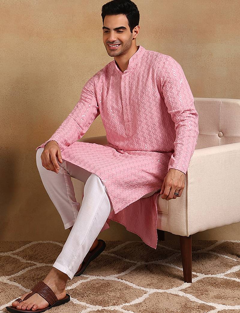 Men pink viscose rayon solid embroidered straight kurta