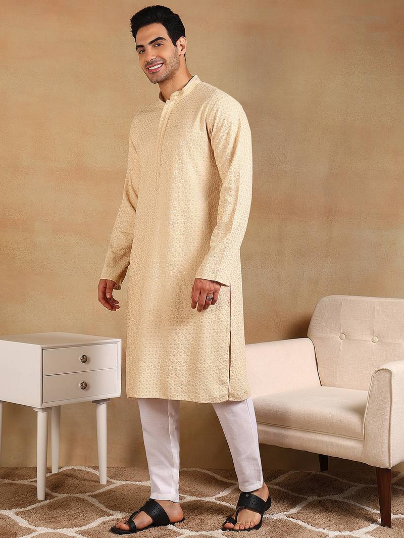 Men nude viscose rayon solid embroidered straight kurta