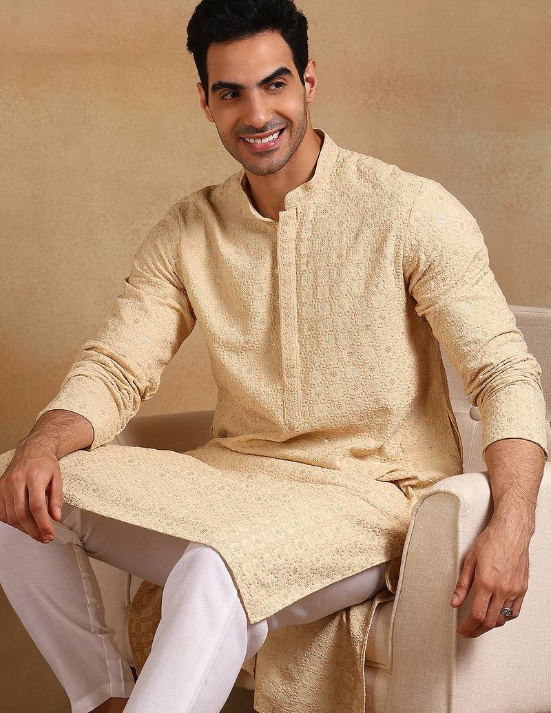 Men yellow viscose rayon solid embroidered straight kurta