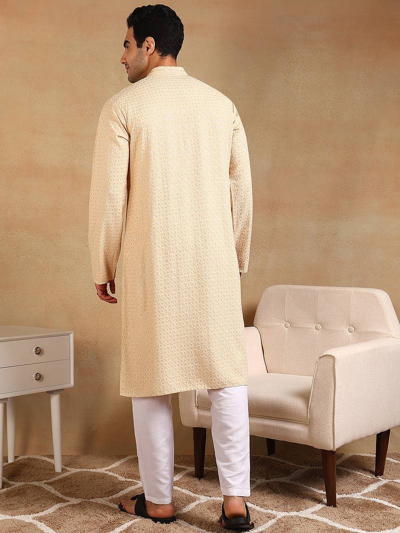 Men nude viscose rayon solid embroidered straight kurta