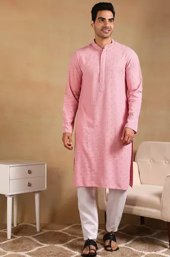 Men pink viscose rayon solid embroidered straight kurta