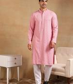 Men pink viscose rayon solid embroidered straight kurta
